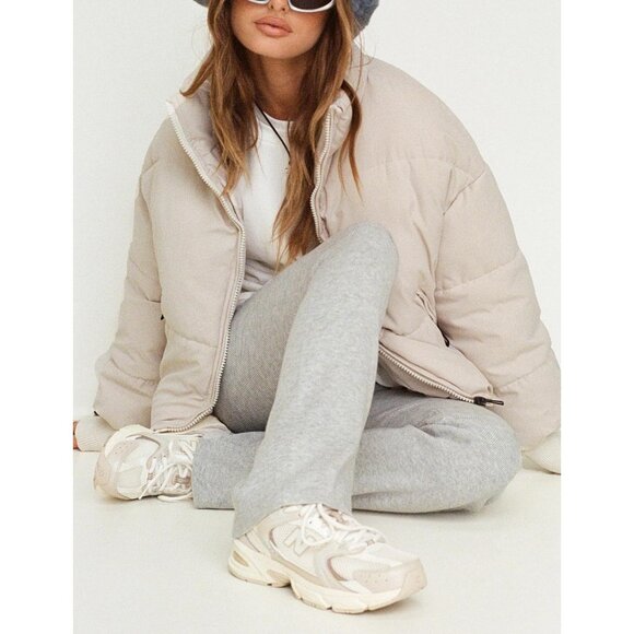 Women's Puffer Jacket Oversized Cropped Puffy Quilted Winter Jackets Coat Khaki - Picture 5 of 6